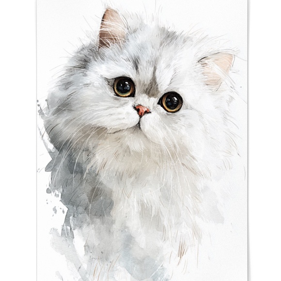 Watercolor White Persian Cat Portrait Wall Art Print Poster, Unframed - Picture 2 of 6